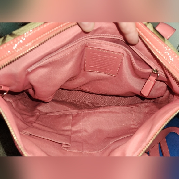 Coach Fabric & Patent Leather Handbag Bag in Pink and Taupe, Style # F13812 - Picture 5 of 16